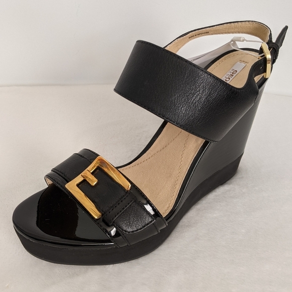 Geox Respira Sandal Leather Patent Buckle Open Toe Black Wedge 9.5 EU39.5 NWT - Picture 2 of 15
